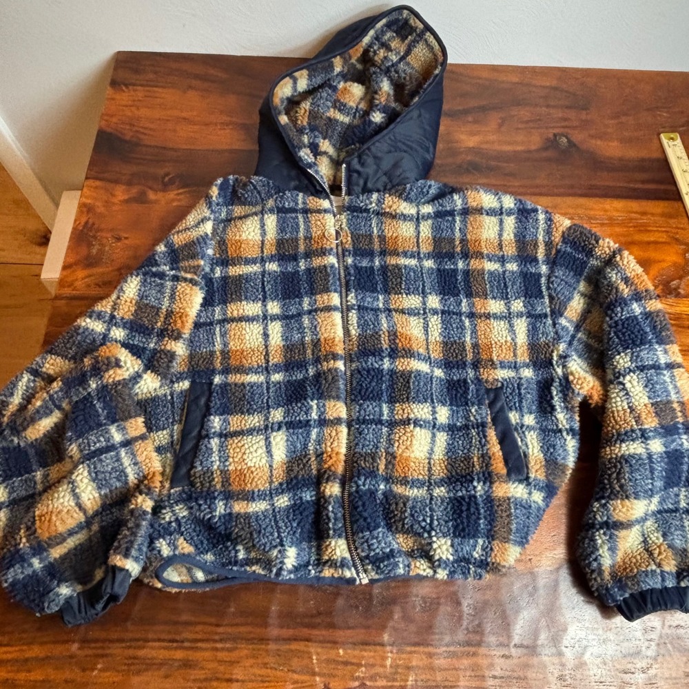 Altard State Plaid Sherpa Fleece Cropped Hooded Jacket Women's Small Navy Orange